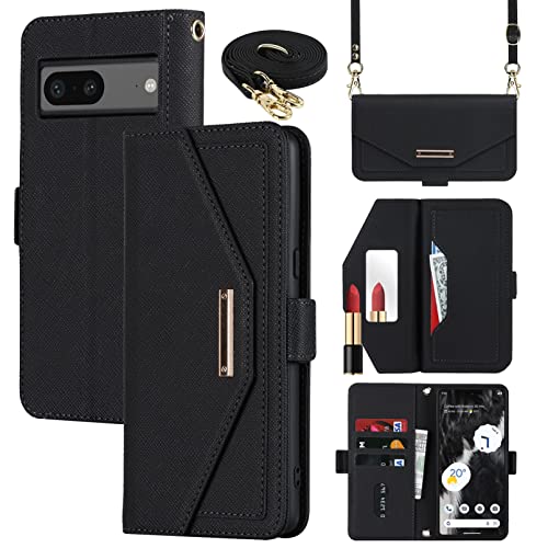 Jaorty Crossbody Wallet For Google Pixel 7 Case With Adjustable Lanyard Strap Credit Card Holder 6.3",Pu Leather Handbag Purse Kickstand Make Up Mirror Cover Case For Men Women Girl,Black #TOP27