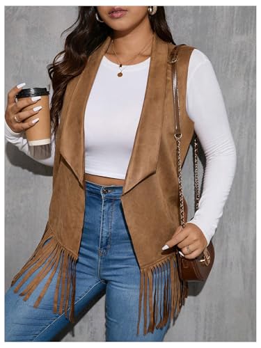 Women's Plus Size Fringe Suede Vest 70s Hippie Faux Western Jacket Tassel Sleeveless Cardigan4