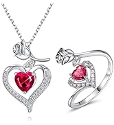 Rose Herz Geburtsstein Halskette Ring Set mit CZ Geburtstag Valentinstag Weihnachten Muttertag Sc...