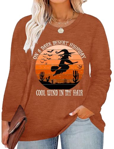 Plus Size Women Halloween Witch Shirt Desert Road Graphic Long Sleeve Spooky Halloween Tee Tops (P23,3XL)