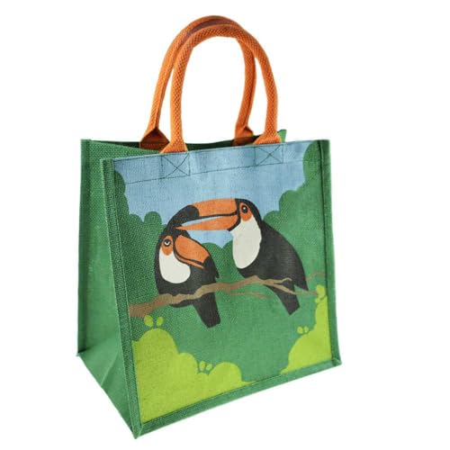Shared Earth Jute Shopping Bag with Toucan Print, 30 x 30 x 20 cm, Natural Fibre Tote