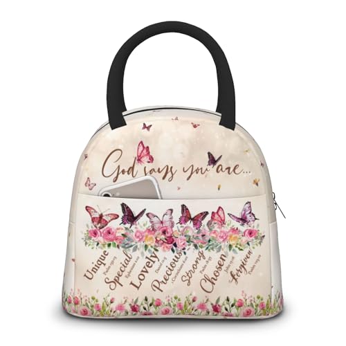 Bible Verses Lunch Bag for Women God Says You Are Controller Insulated Lunch Bag Butterfly Christian Scripture Lunch Box Reusable Waterproof Leakproof Portable Lunch Tote for Work Office Travel Picnic