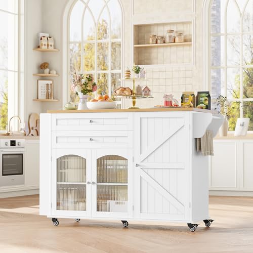 Miniatura 4 de Firfurd Isla Cocina Con Ruedas, Isla De Cocina Con Barra, Mueble Cocina Auxiliar, Con Mesa Plegable, Con 5 Ruedas, 2 Cajones Y 3 Puertas, Especiero Y Toallero Blanco