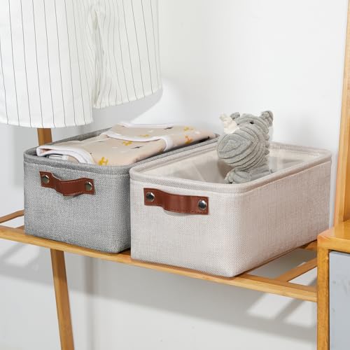 Image of DULLEMELO Small Storage Basket for Shelves, Small Fabric Collapsible Rectangular Storage Bin for Shelves, Closets, Nursery, Home, Office, Empty Gift Basket (Beige)