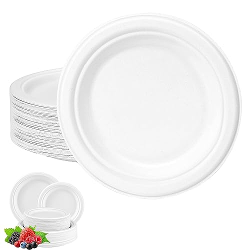 YAAVAAW Pappteller Einweg 100 Stück 25m Pappschalen,Weiß Runde Einweggeschirr,Zuckerrohr Geschirr Biologisch Einwegteller Pappteller für Party,Kindgeburtstage,Grillabende,Hochzeiten,Picknicks