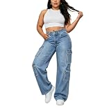 Cuyulitcik Womens Plus Size Cargo Jeans Wide Leg High Rise Jeans Stretch Straight Leg Jeans Women Relaxed Fit Denim Pants with Multi Pockets Trendy (US, Alpha, 4X-Large, Plus, Regular, Blue-G)
