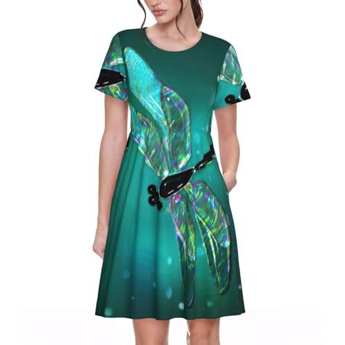 Robe galaxie libellule col rond à manches courtes pour femme