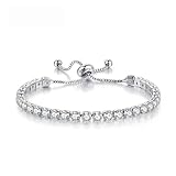 LUVDECO 1PC Tennis Bracelet for Women Adjustable Silver Sparkling Cubic Slider Chain Elegant Birthday Mothers Day Graduation Anniversary Party Ladies Bracelets Gifts for Mum Daughter Sister Friends