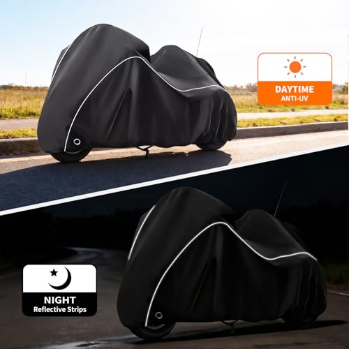 Image of COVERVIN Trike Cover Waterproof, Heavy Duty 3 Wheel Motorcycle Cover for Harley Honda Goldwing Freewheeler Tri Glide Ultra, with Antenna Zipper, Windproof Buckles & Reflective Strips (Black)