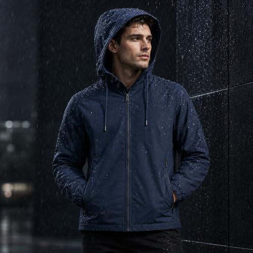 Image of MIA FASHION Men's Hooded Waterproof Rain Jacket Lightweight Wind Resistant Jacket with Zipper Pockets for Bike Riding, Travel & Outdoor Use
