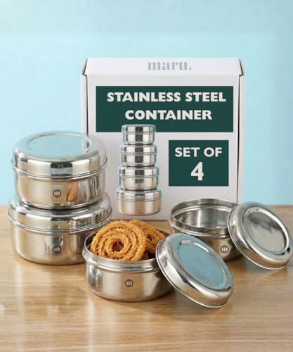 Image of MARU Fridge Storage Containers Stainless Steel set of 4 ((250ml, 450ml, 600ml, 850ml) - Small Round Airtight Food Storage Container, Multipurpose Kitchen Boxes for Leftovers Food, Roti, Chapati & Atta