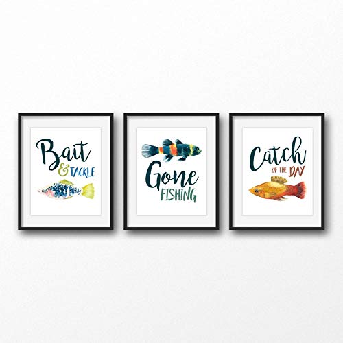 MYSY Gone Fishing Themed Party Canvas Poster Nursery Wall Art Print Bait and Tackle Quote Painting Picture Boys Room Decor-40x60cmx3 pcs sin Marco