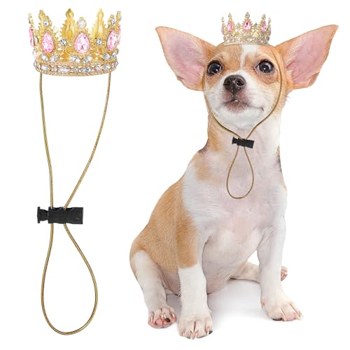 Abbylike Pet Rhinestone King Crown Queen Crown for Birthday New Year Costume for Small Dog Cat Cosplay Party Accessories Adoption Celebration Wedding Birthday Photos Prop Costume(Pink Small)