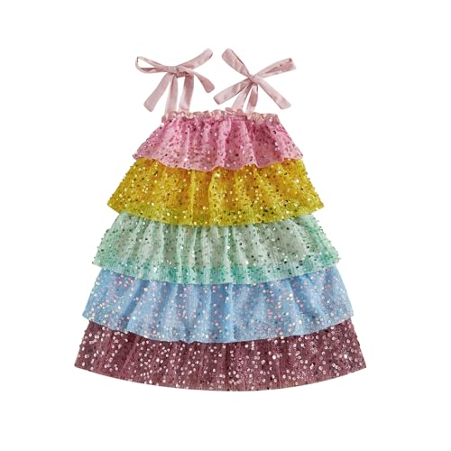 Kids Girls Dresses Tie up Sleeveless Sequins Contrast Color Layered Summer Dress Bowknot Strap A-line Sundress