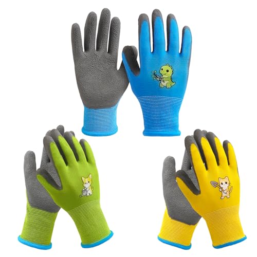 VTMJ 3 Paires Gants Jardinage Enfant pour 8 à 12 Ans, Gant Jardinage Enfant Enduit en Caoutchouc, Gants de Jardinage Antidérapant, Gants de Travail Imperméables et Anti-Salissures pour Jardin Camping