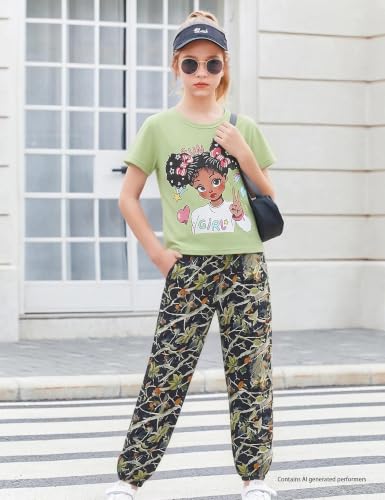 Image of mksodop Girls Outfit Set Graphic T Shirt and Camo Jogger Pants Cute Casual Clothes for Girls 5-16 Years