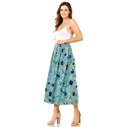 Women Summer Skirt New Floral Designs Elasticated Waist Midi Summer Skirts for Women UK (L-XL Mint)