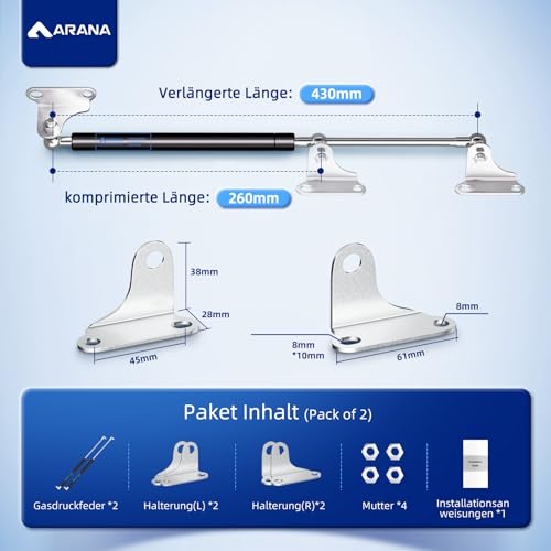ARANA 430mm 156N Struts Shocks Gasdruckfeder, L-Typ Gasfeder Gasdruckdämpfer Hydraulisch Halterung Für Wohnmobilbett Camper Lkw Boot Wohnmobilfenster Schwer Kiste Deckel Abdeckung,2 Stück
