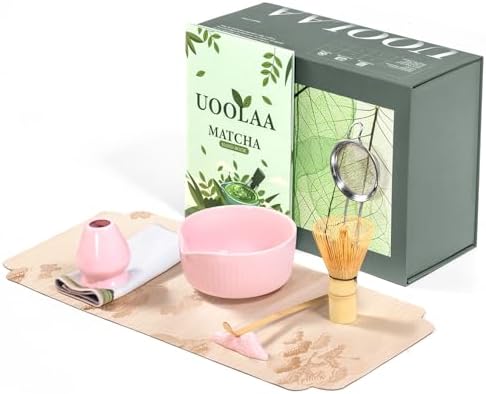 Pink Traditional Matcha Set Whisk and Bowl, 8 Pcs Matcha Making Kit Includes Ceramic Bowl with Spout, Bamboo Whisk, Holder, Scoop, Sifter, Tea Towel Cloth and Mat-Ceremonial Matcha Starter Kit Gift