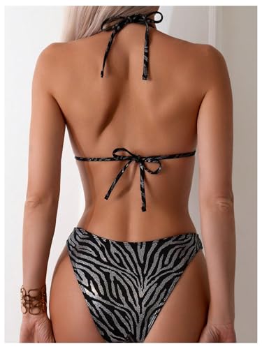 SOLY HUX Women's Zebra Print Halter Swimsuit Tie Back High Cut Bikini Set 2 Piece Bathing Suit2