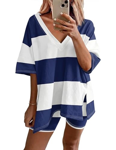 Image of Ekouaer Womens Pajamas 2 Piece Lounge Sets Oversized V Neck T-Shirts Tops Biker Shorts Set Workout Reversible Tracksuit S-XXL