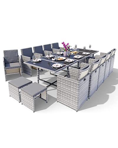 Swing & Harmonie Sitzgruppe Garten - Rattanmöbel Outdoor - Robuste Gartenmöbel - Hochwertige Gartengarnitur - Garten-Essgruppe - Outdoormöbel - Esstisch (15-Teilig, grau)