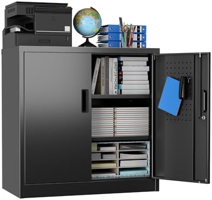SUXXAN Metal Storage Cabinet with Pegboard 31.5”H×31.5”W×16.5”D, Lockable Rolling Steel Storage Cabinet with 2 Adjustable Shelves and Door for Garage, Office, Kitchen, Assembly Required(Black)