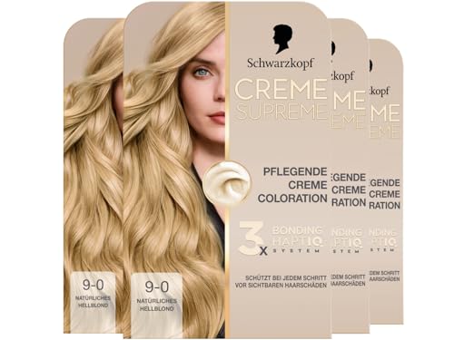Schwarzkopf Creme Supreme Coloration 9-0 Natürliches Hellblond (4x 182 ml), dauerhafte Haarfarbe mit Serum und Haar-Maske schützt vor sichtbaren Haarschäden, für 100% Grauabdeckung