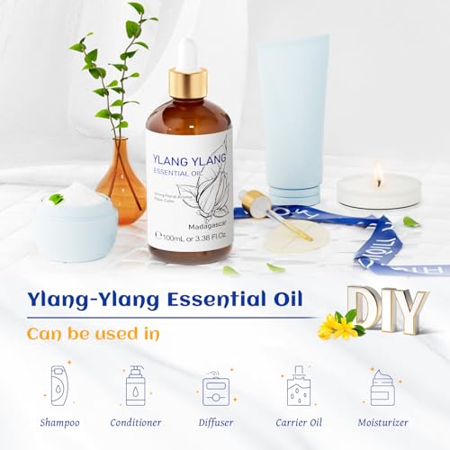 Image of HIQILI Ylang-Ylang Essential Oil, Long-Lasting Scent for Diffuser, Perfumes, Aromatherapy, DIY - 3.38 Fl Oz