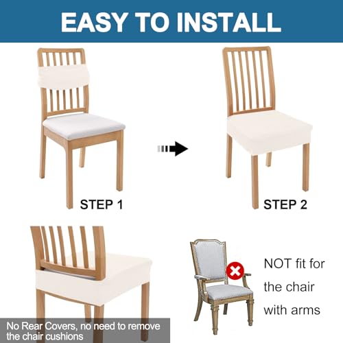 Image of Smiry Waterproof Seat Covers for Dining Room Chairs, No Rear Covers | Stretch Jacquard Removable Washable Chair Seat Slipcovers Protector, Set of 2, Ivory