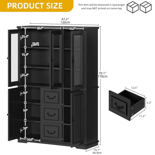 DWVO Large Storage Cabinet, 72" Tall Kitchen Pantry with Glass Doors, Freestanding Glass Display Cabinets with Adjustable Shelves & Drawers, Food China Hutch for Dining Room, Living Room, Black