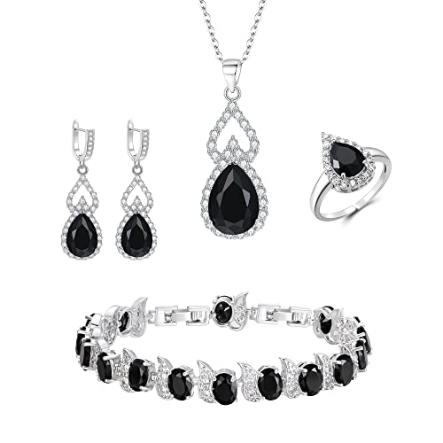 Image of Clearine Jewellery Set for Women Silver Plated Black Teardrop Cubic Zirconia Necklace Open Adjustable Ring Earrings Bracelet Gift for Wedding/Anniversary/Mothers Day