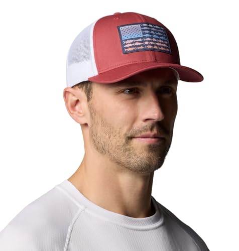 Columbia Unisex PFG Fish Flag Mesh Snap Back, Dusty Crimson/White/Fish Flag, One Size