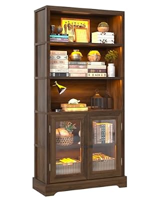 TVU 5-Tier Bookshelf, 65" Bookshelf with Multi-Color Ambient Lights (APP Remote Control), Tall Display Shelf with Cabinet Doors, Suitable for Living Room, Bedroom, Study, Office, Rustic Brown
