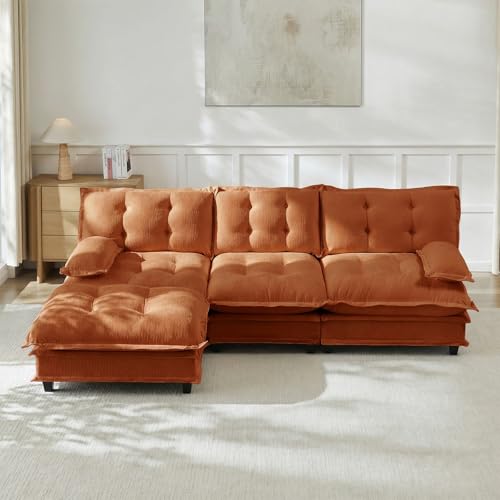 Image of 107 inch L-Shaped Sectional Couches for Living Room, Orange 3 Seater Modern Chenille Deep Seat Sofa Set, Salas para Casa, High Back Cloud Couch Modular Sectional Sets with Ottoman