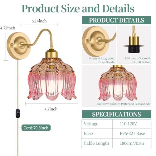 Image of Dimmable Plug in Wall Sconce,Brushed Brass Wall Sconces Set of 2 Flower Wall Lights with Plug in Cord and Glass Lampshape,Gold Sconces Wall Decor Set of 2 Plug in Wall Lamp Sconces for Bedroom