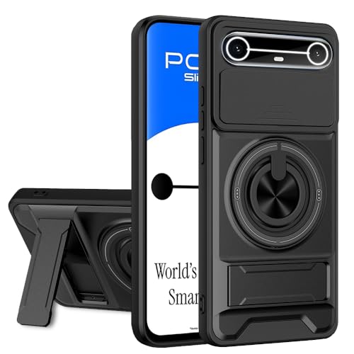 Image of AESTMO Tecno Pova Slim 5G Back Cover | Armor Camera Slider 360 Degree Rotating Finger Ring Holder Case with Bracket Stand Back Case Cover (Compatible with MagSafe Accessories) (Black)