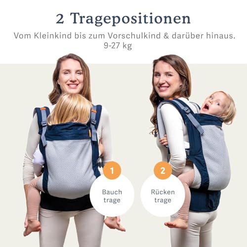 Beco Toddler Cool Babytrage & Kindertrage (9-27 kg) - Atmungsaktive 3D-Performance-Mesh Trage Kleinkind, Hüftfreundlich mit 2 Tragepositionen: Bauchtrage & Rückentrage (Marineblau)