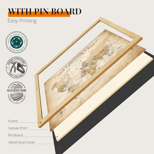 Image of DECORARTS - Personalized World Travel Map with Pins, Custom Name, Pin Board Canvas Wall Art, Antique Vintage Old World Decor, Optional Wood Frame, Giclee Print, Handcrafted in USA, 30x24''