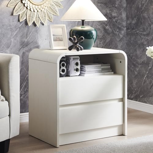 Image of Aitjunz 25 inch Tall Modern Nightstand with Charging Station, 23.6'' Wide Wood Bedside Table w /2 Storage Drawers, Large Mid Century End Table for Bedroom, Living Room, Curved Profile Design, White