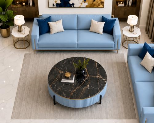 Image of WOODEN SPACE Premium Luxury Nazaara Marble-Top Coffee Table with Iron Legs & PVD Coating | Modern Round Wooden Center Table for Living Room & Entryway (Sky Blue, 30 Inch)