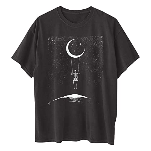 Gteuktg Summer Y2K Tops For Women, Casual Vintage Skull Short Sleeve T-Shirt, Oversize Loose Crewneck Elastic Black Tees, A04#Dark Gray, X-Large #TOP2