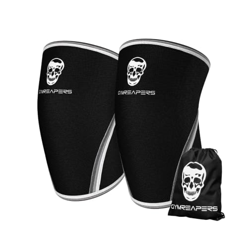 Gymreapers Kniebandage für Männer und Damen (1 Paar) mit Turnbeutel – 7 mm Knee Sleeves Kompressionsbandage Support für Weightlifting, Cross Training, Powerlifting, Yoga, Sport, Laufen & Joggen