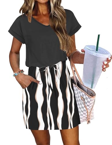 Image of AUSELILY Womens Summer Mini Dress, Short Sleeve V Neck Drawstring Casual | Soft smooth drape with an adjustable drawstring waist for beach, casual outings and daily wear