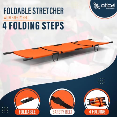 Image of OTICA Foldable Stretcher for Patient Shifting, Portable Stretcher for Emergency Hospital Use, Stretcher for Patient with Safety Belt, Stretcher for Ambulance (Mild Steel, Four Fold, Orange)