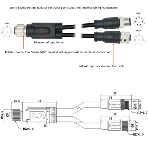 Cable M12 de 8 pines macho a hembra con blindaje IP67 y longitud de 15 m 4