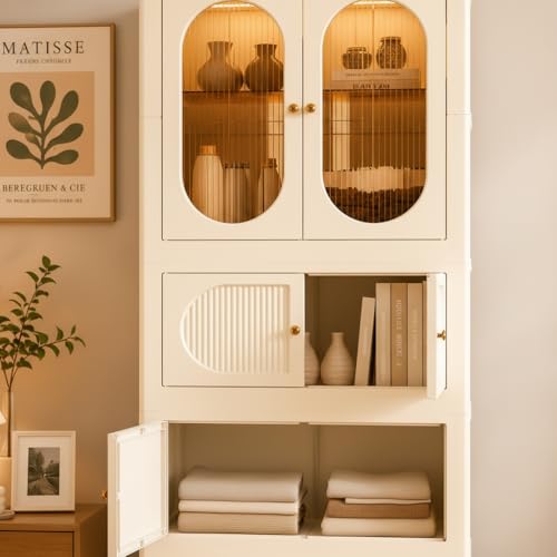 Image of EXVITO Modular Plastic Wardrobe for Bedroom | 1 Tier+3 Bins Foldable Cupboard with Hanging Rod | Stackable Storage Almirah for Clothes with Wheels | Multi-Layer Plastic Storage Cabinet- (Off-White)