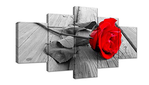 Black White Red Rose Flower on Grey Wooden Board 5 Panel Modern Home