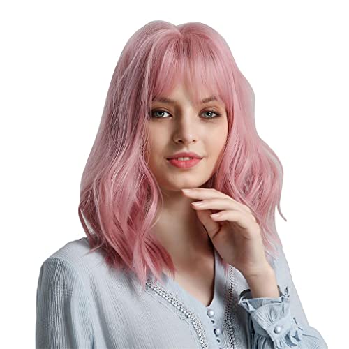 14 '' Consideravelmente Rosa Mulheres Peruca Ondulada Cosplay Anime Perucas De Festa W/Franja Plan