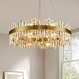 Siljoy 16 Lights Modern Crystal Chandeliers, Brass Gold Round 2-Tiers K9 Crystal Raindrop Chandelier Lighting, Height Adjustable Pendant Ceiling Light for Dining Living Room Bedroom D31.5''